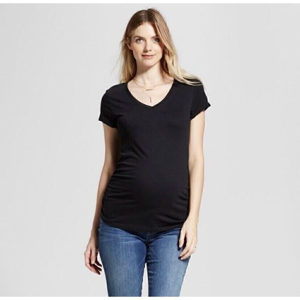 Ingrid+Isabel Maternity Short Sleeve V Neck Side Shirred Tee Shirt, Black, M
